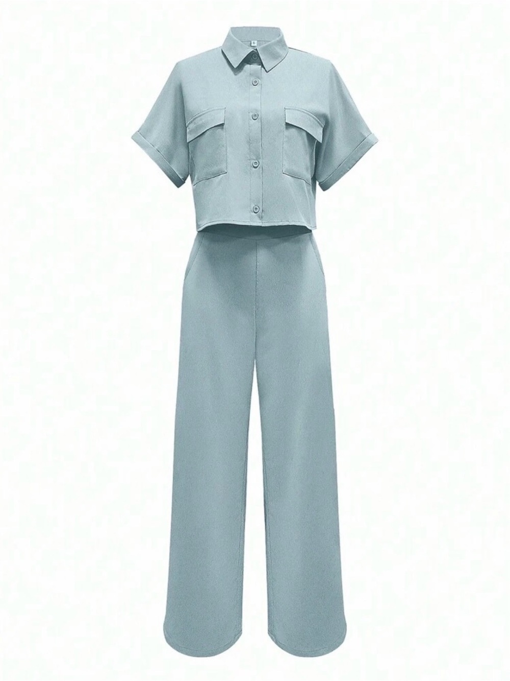 Cropped Button-Front Wide-Leg Jumpsuit - Light Blue, Sz XL